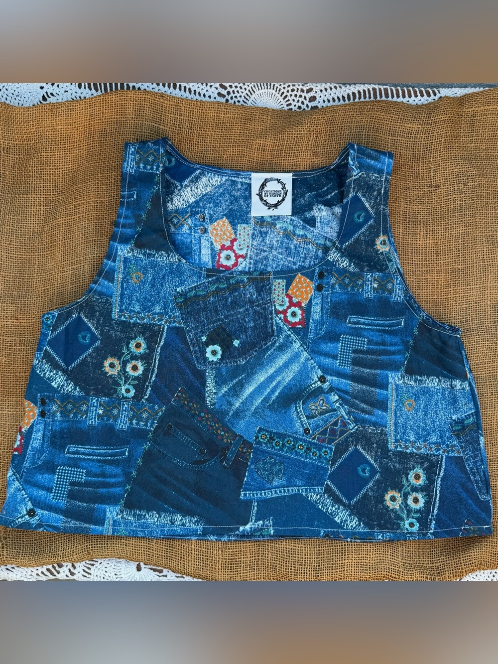 Handmade Vintage Blue Patchwork Denim-Print Tank Top